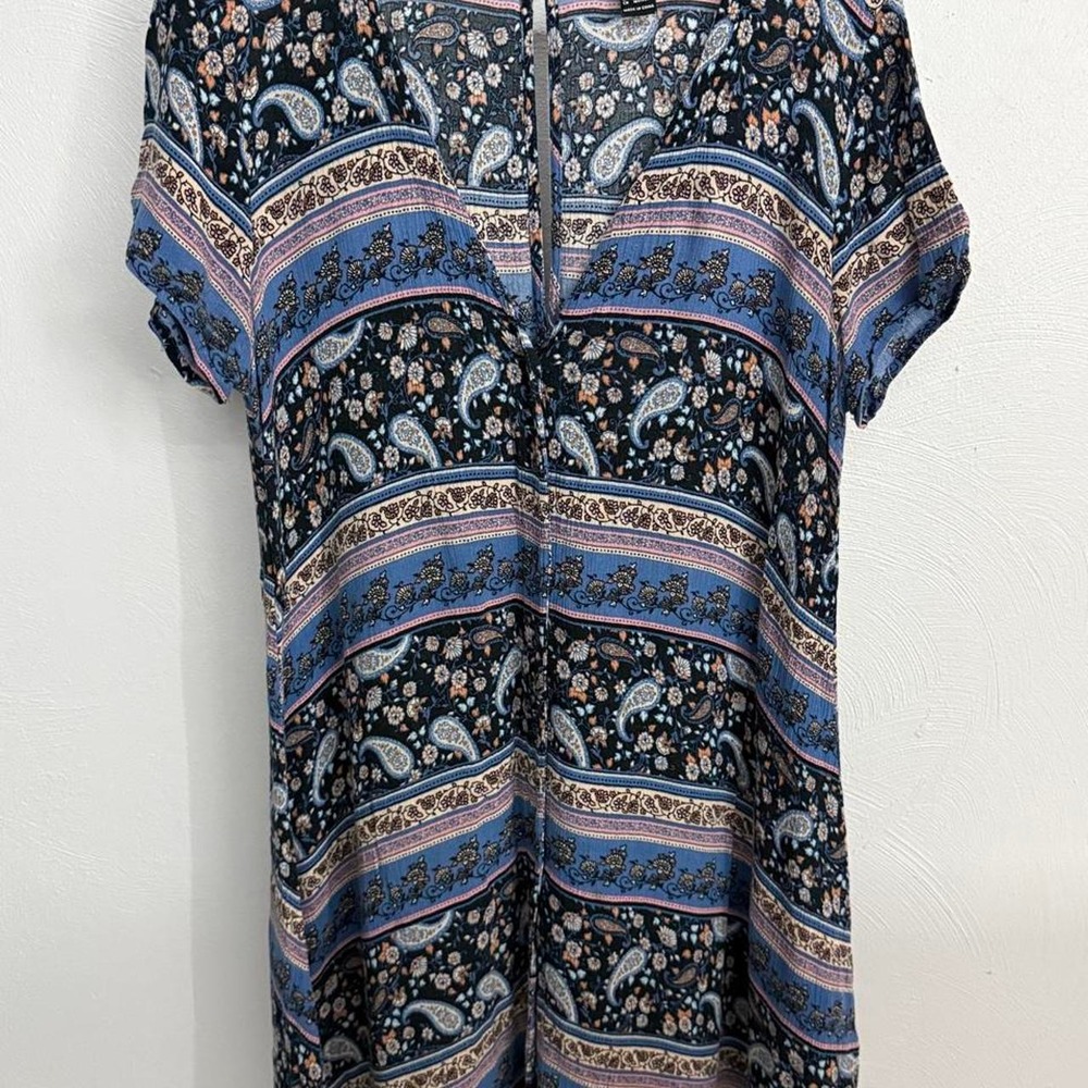 Paisley Floral Button Front Boho Tunic Dress M Blue 90s
